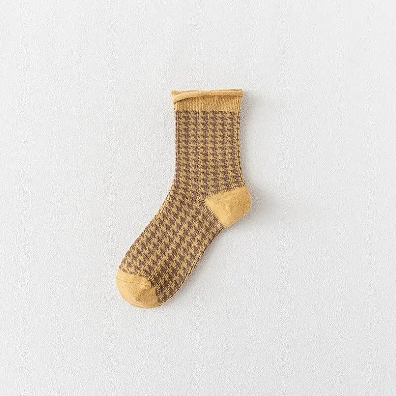 Students Checked Crew Sock Ladies Plaid Thick Winter Socks Girls Cotton Socks Woman Houndstooth Ankle Socks with Wrinkled Cuff