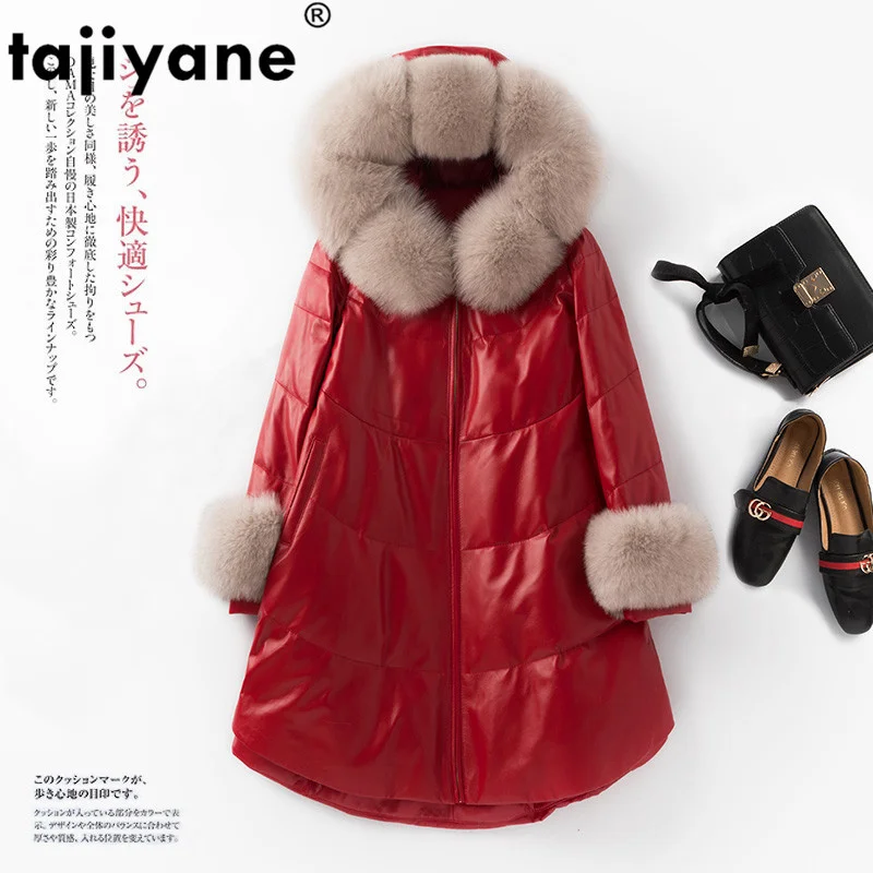 Женский пуховик из натуральной кожи с воротником меха лисы и овчины красный топ в