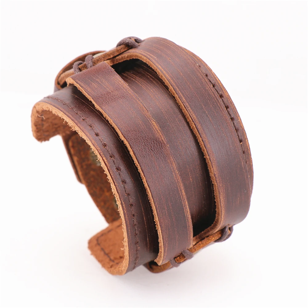 

Mens Vintage Wide Black Brown Genuine Leather Cuff Bangle Bracelet Gift Jewelry
