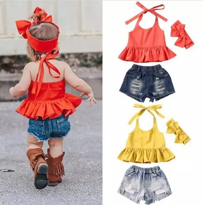 

Комплект из 3 предметов; Летняя одежда для маленьких девочек; Красные рубашки с оборками; Топ; Короткие джинсовые повязки на голову; Модная о...