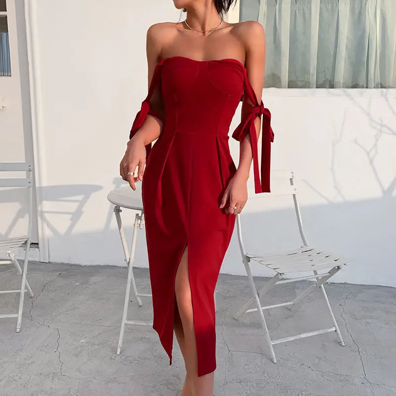 

2021 Summer New Fashion Suspender Temperament Dress Women's Square Collar Solid Color Female All-match Split Fork Bag Hip Skirt