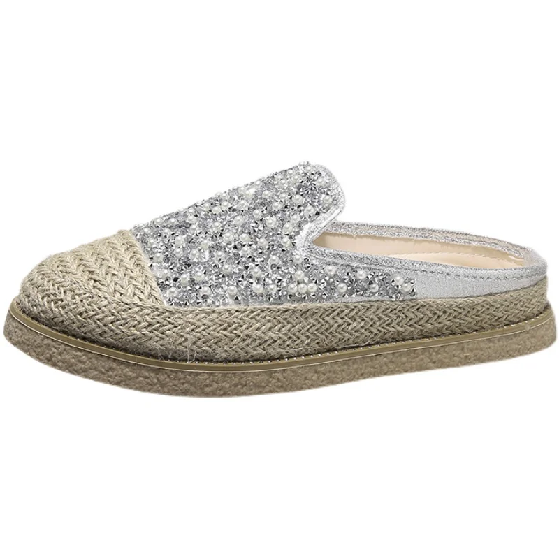 

Cover Toe Flat Shoes Female Womens Slippers Outdoor Pantofle Low String Bead Glitter Slides 2021 Jelly Summer Soft Fisherman Cry