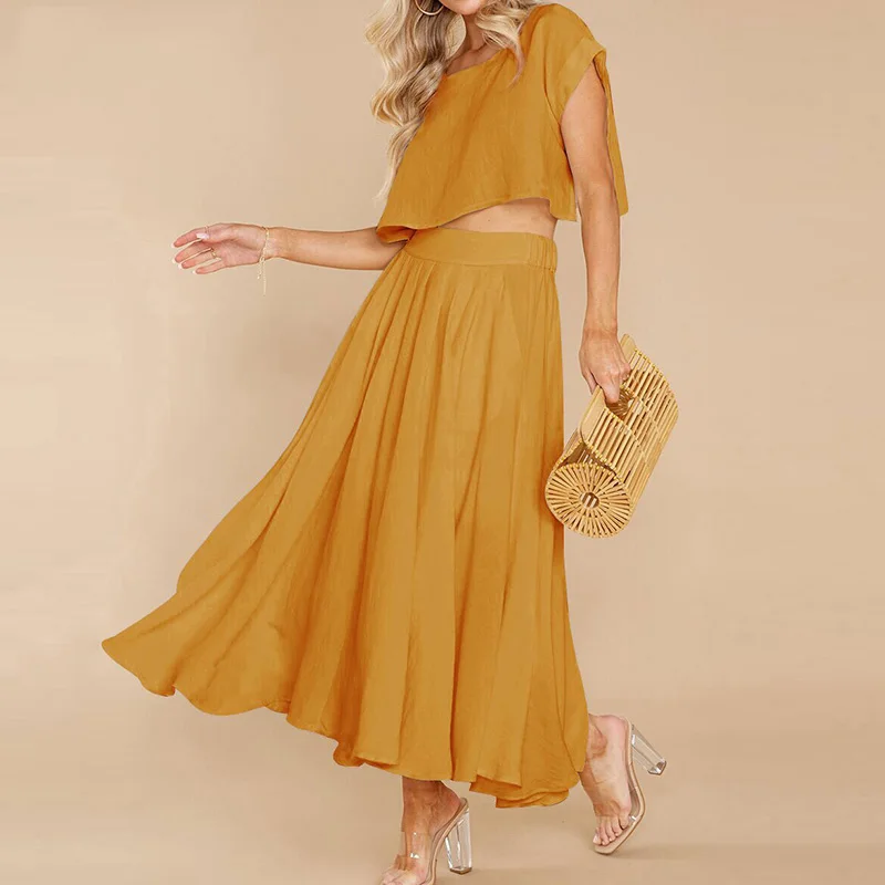 

Женский однотонный костюм из двух предметов, элегантный стильный костюм с юбкой и топом с коротким рукавом, уличная одежда, лето 2021