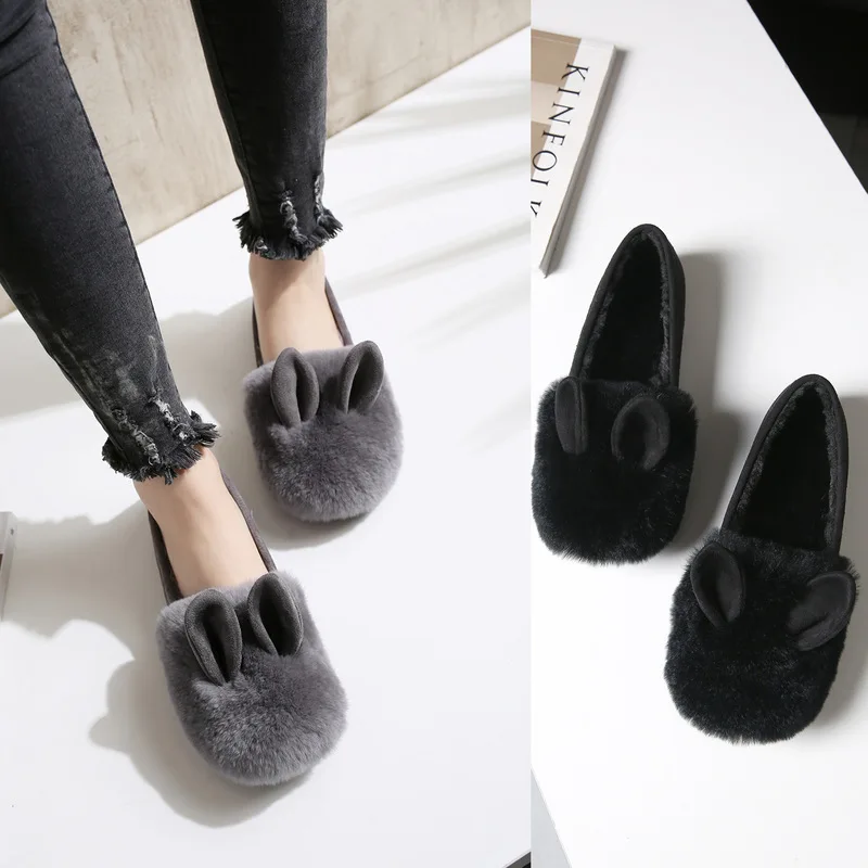 Женские меховые туфли с милыми ушками плюшевые мокасины из кроличьего меха на