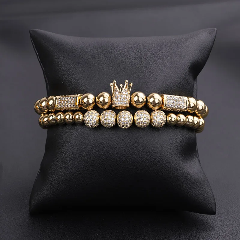 

High Quality Luxury Men Women Jewelry Bracelet CZ Micro Pave Ball Crown Charm Adjustable Beads Macrame Bracelet Set