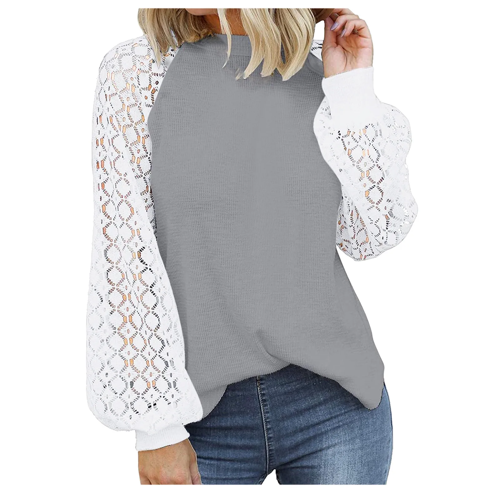

Fashion Splicing Sweatshirts Women Round Neck Loose Lace Casual Elegant Sweatshirt Moletom Feminino Las Mujeres Sweetshirts