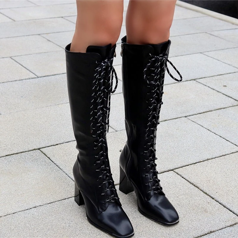 

2020 Новая зимняя женская обувь с квадратным носком на толстом каблуке, сапоги до колена с перекрестными ремешками, размера плюс женские сапо...