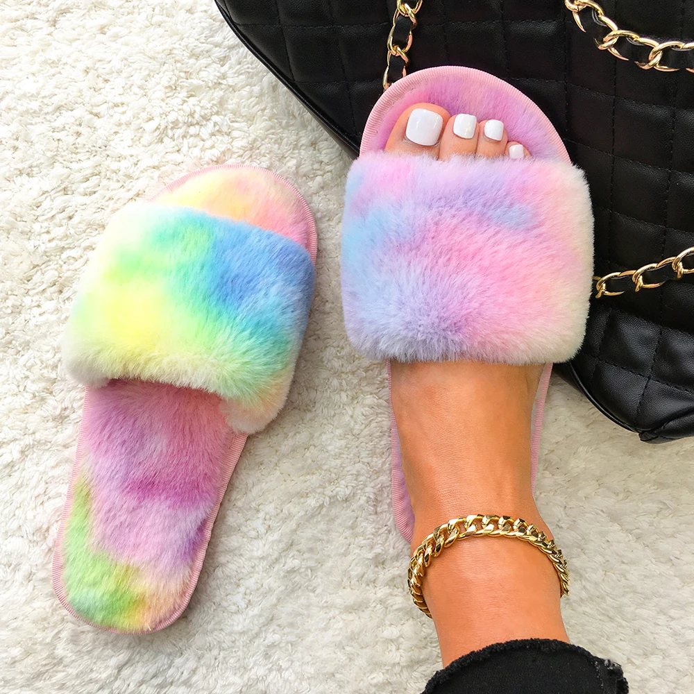 Furry Fur Slippers Women Fluffy Flip Flops Faux Fur Fuzzy Slides Plush House Slippers Ladies Cozy Flat Sandals Female Home Shoes