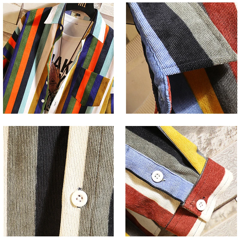 2020 New Japanese Multicolor Striped Men Shirt Fashion Loose Pure Cotton Long Sleeve Shirts Casual Beach Pocket Large Size | Мужская