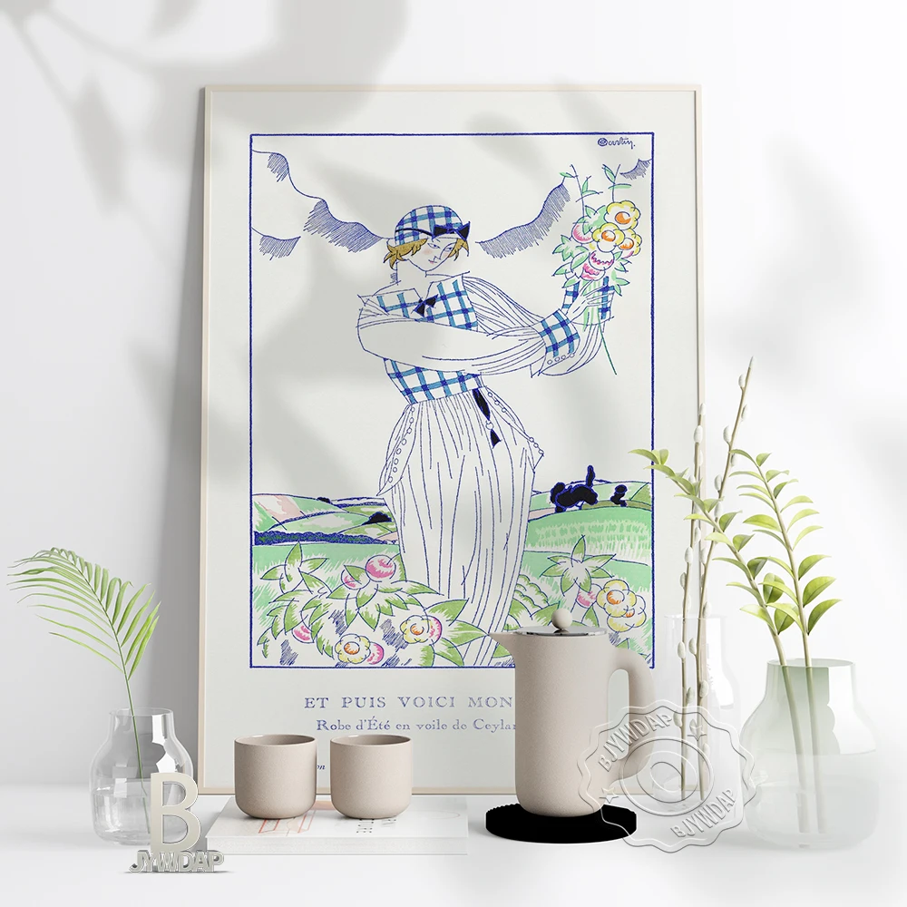 

Et Puis Voici Mon Coeur Poster, Colored Drawing Woman Take Flowers Dance Exhibition Prints Poster, Nordic Style Home Decor Gift