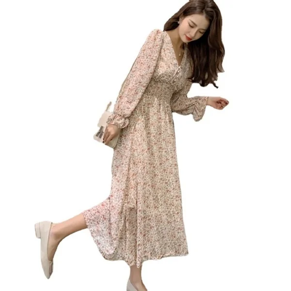 

Women Floral Dress Mid-Length Retro