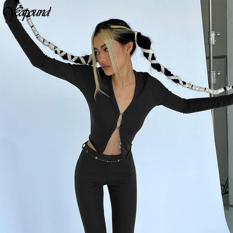 

Elegant Women Solid Matching Set Deep V-neck Top Wid Leg Pant Two Piece Outfit High Street Casual Clubwear