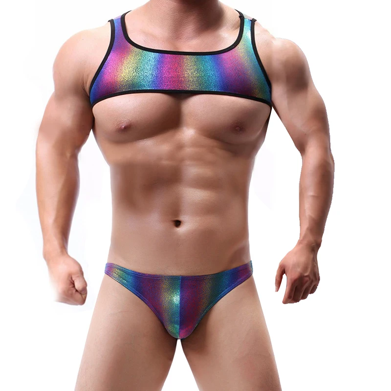 

Sexy Men's Undershirt Shoulder Muscle Crop Top with Pants Shorts Male Exotic Gay Party Colorful Club Stage Dancewear Costume