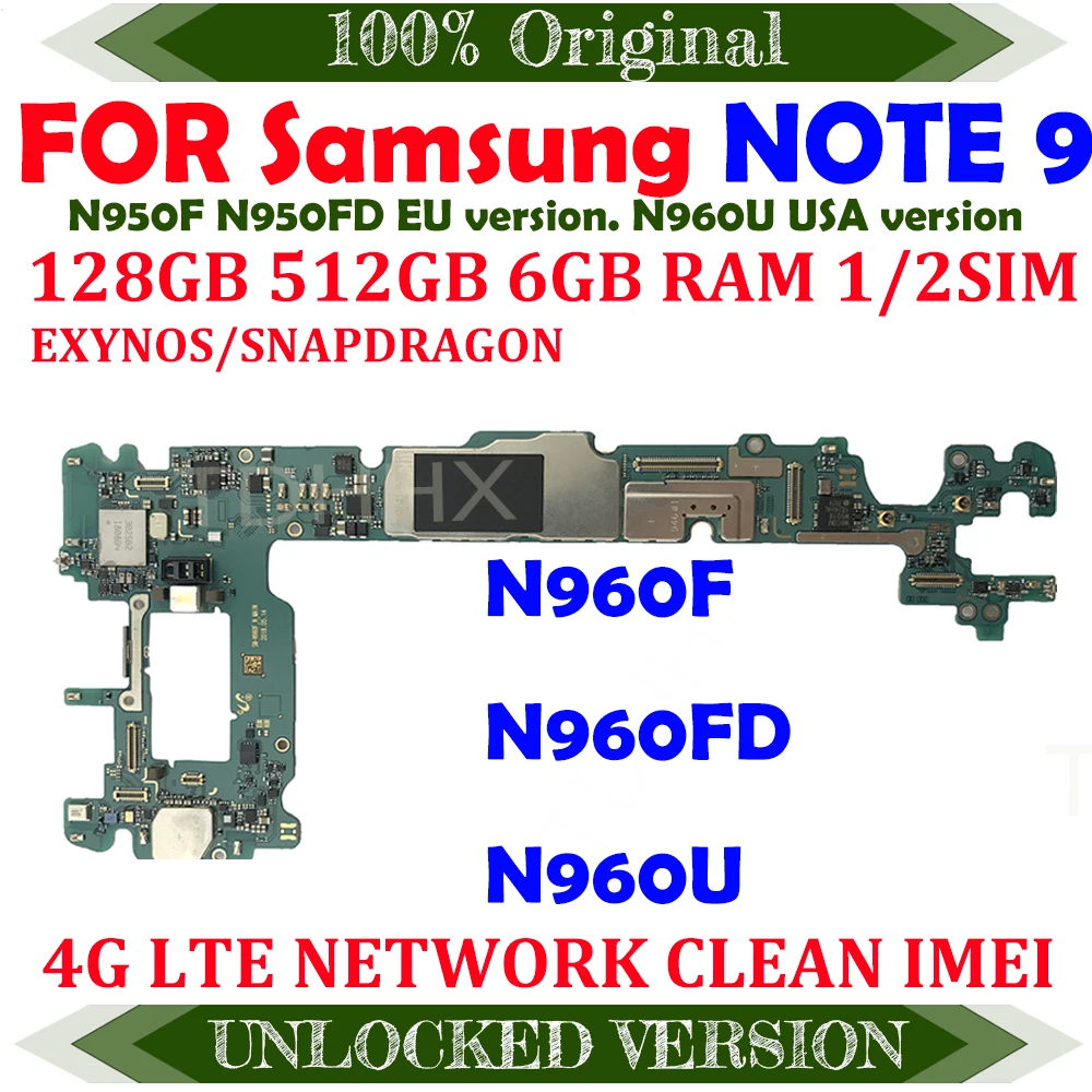Оригинальная разблокированная материнская плата 512 ГБ 128 для Samsung Galaxy Note 9 N960F N960FD