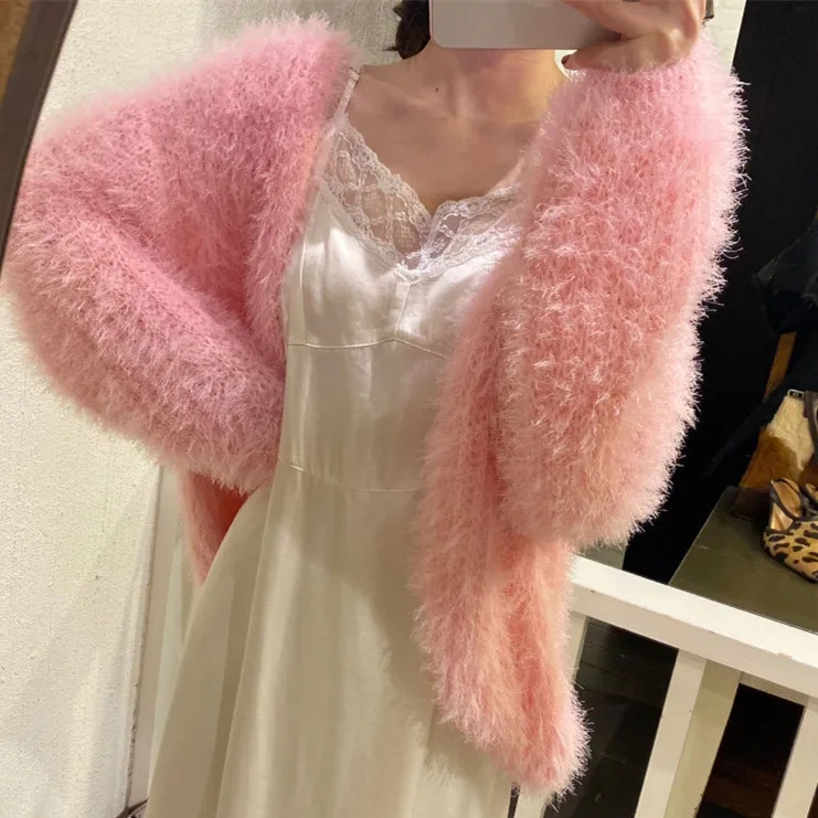 

Women's Korean-Style Ins Fashionable Solid Color Lantern Sleeve Sweater Hong Kong Style Autumn Furry Long Sleeves Outerwear