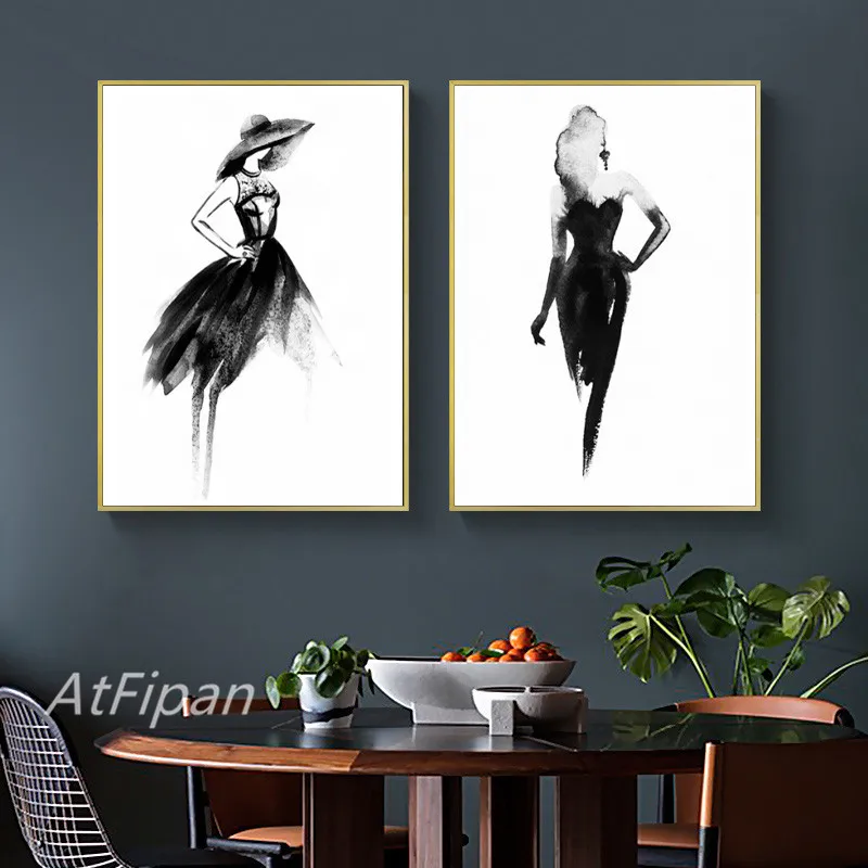 Черно белый модный красивый женский постер элегантная холщовая картина для