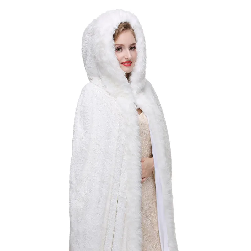 Длинная накидка из искусственного меха белая свадебная с капюшоном для невесты