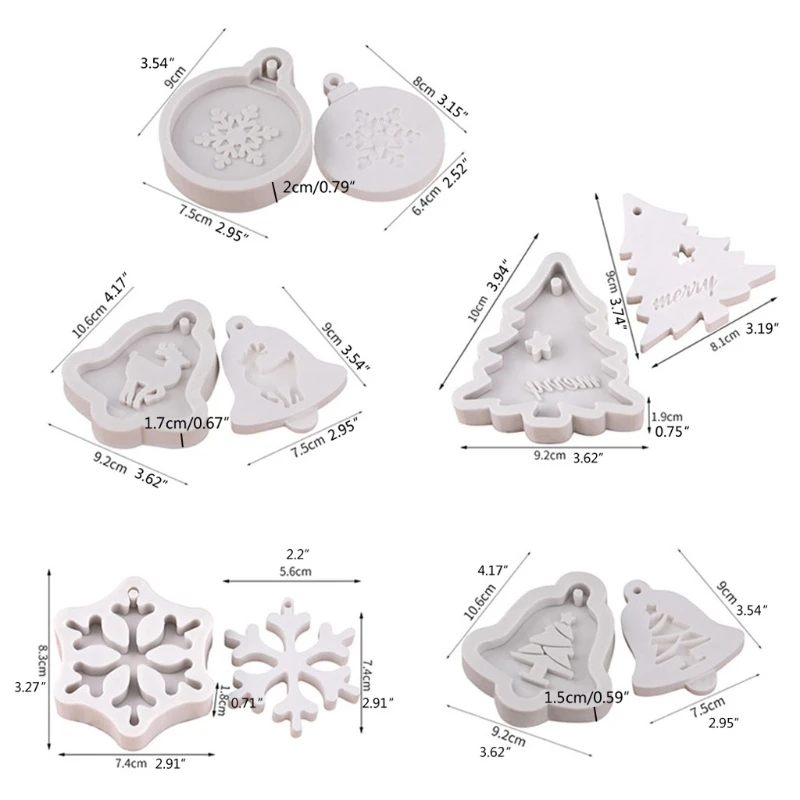

5Pcs Epoxy Resin Mold Christmas Tree Elk Snowflake Pendant Casting Silicone Mold K3KF