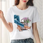 Хипстерская Женская Повседневная футболка в стиле Харадзюку, привлекательная футболка с красивыми ногами и цветочным принтом, модная Корейская трендовая белая женская футболка