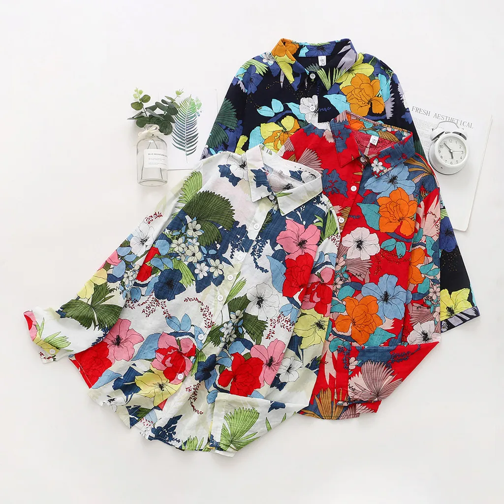 

Blouse Vintage Cartoon Flower Print Blusas Mujer Lapel Shirt Women's Casual Loose Single-breasted Shirt Long Sleeve Blouse Tops