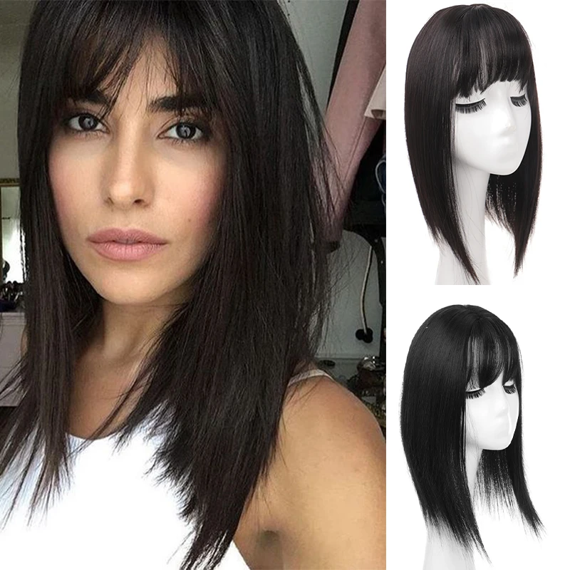

PAGEUP Women Clip In Hair Extensions 3 Clips In Topper Natural Straight Black Brown Synthetic Hair With Bangs Fake Hairpiece