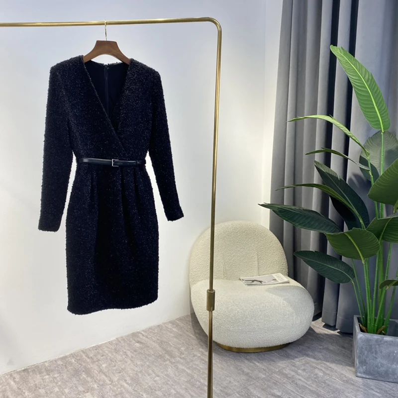 

2021 Autumn Winter New England Style Fashion Long Sleeve Elegant Black Shining Metallic Wool Dresses Knee-Length