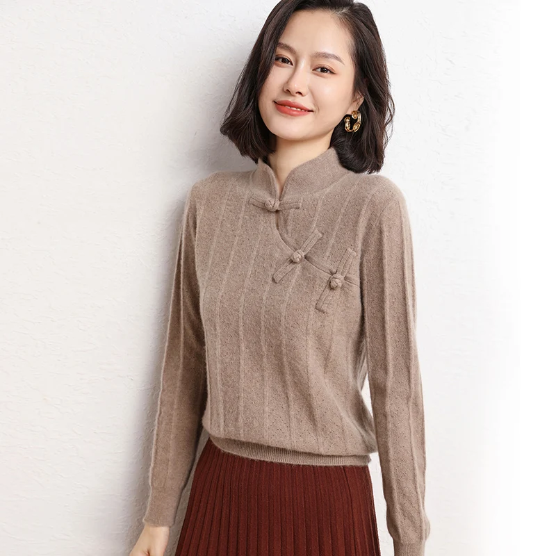 

Autumn And Winter New Style Chinese Retro Cheongsam Collar Cashmere Female Disc Button Hollow Elegant Loose Chic Knitted Sweater