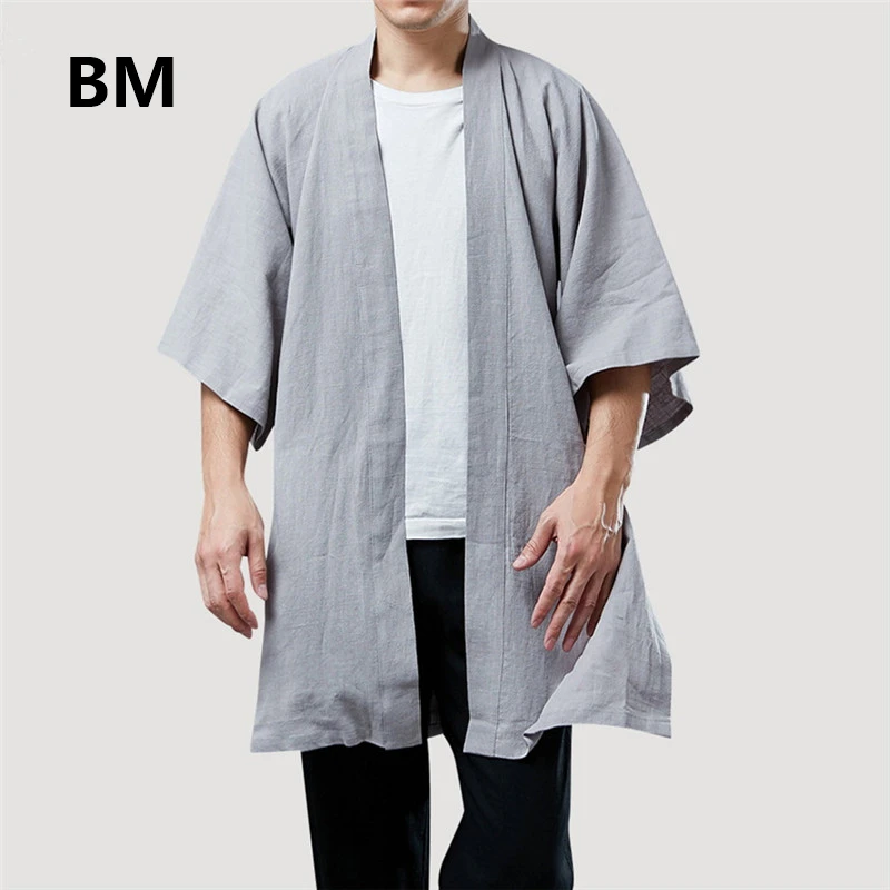 

2020 Summer Jackets for Men Half Sleeve Linen Shirt Harajuku Kimono Casual Cardigan Vintage Tops Hanfu Outwear Trenchcoat