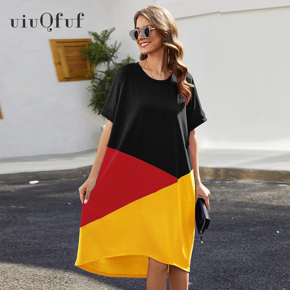 

Casual Patchwork Boho Dress O-neck Loose Breathable Vintage Maxi Dress Short Sleeve Knee Length Straight Clothes For Women