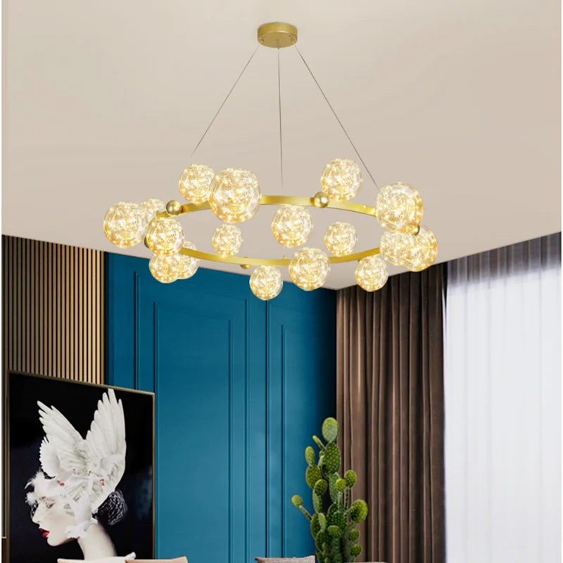 

Gypsophila LED Pendant Lights Golden Round Long Strip Glass Starlight Pendant Lamp for Dinning Room Romantic Decor Kitchen