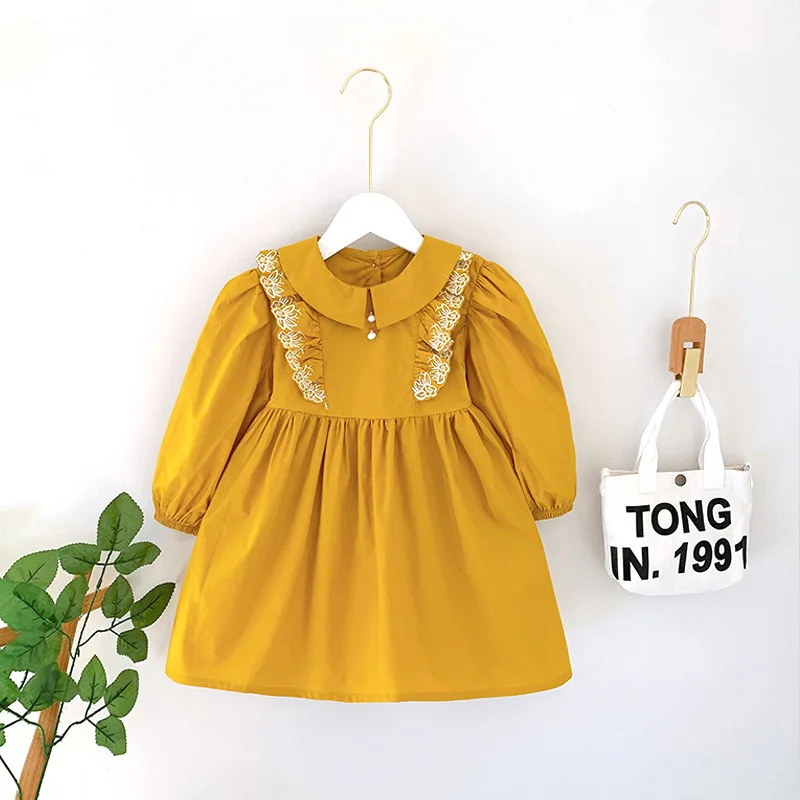 

2021 Girls Autumn Embroidered Dress Lapel Long Sleeve Dress Fall Clothes for Kids Toddler Girl Clothes Children Casual Dress
