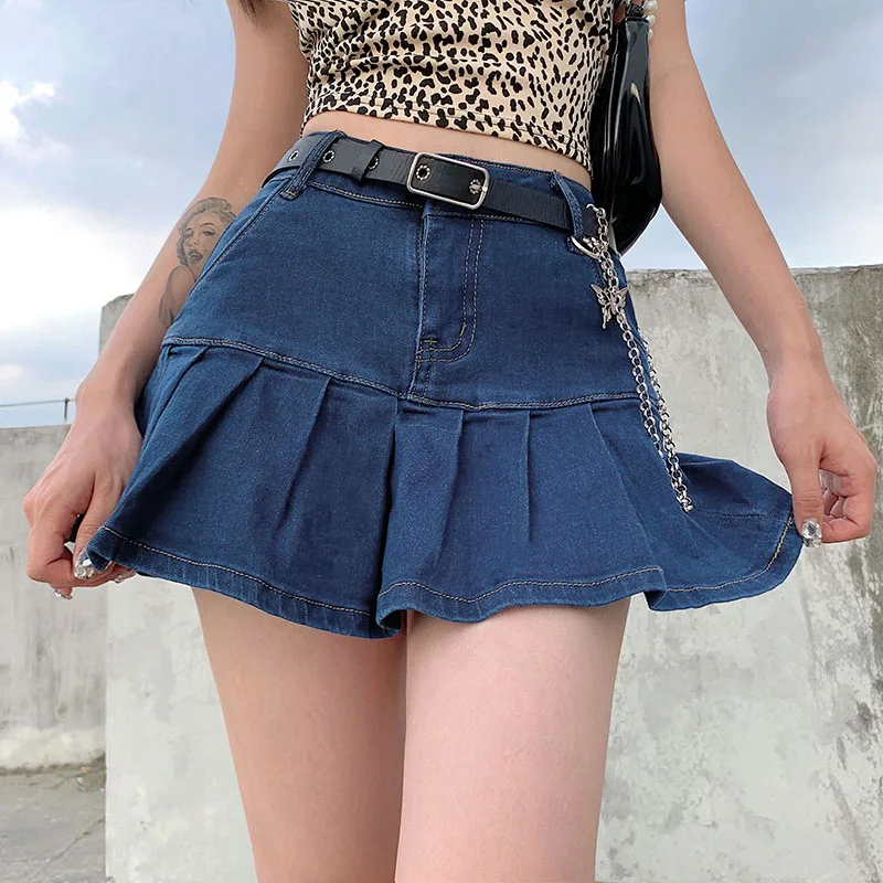 

Denim Mini Pleated Skirt Ladies Summer High Waist Jeans Shorts Skirts Women Ruffles Fashion Korean