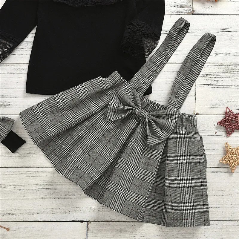 

Girls Clothing Sets Spring Autumn Kids Clothes Plaid Strap Lace Skirt Suit Sweet Kids Birthday Outfits for Girls Costume