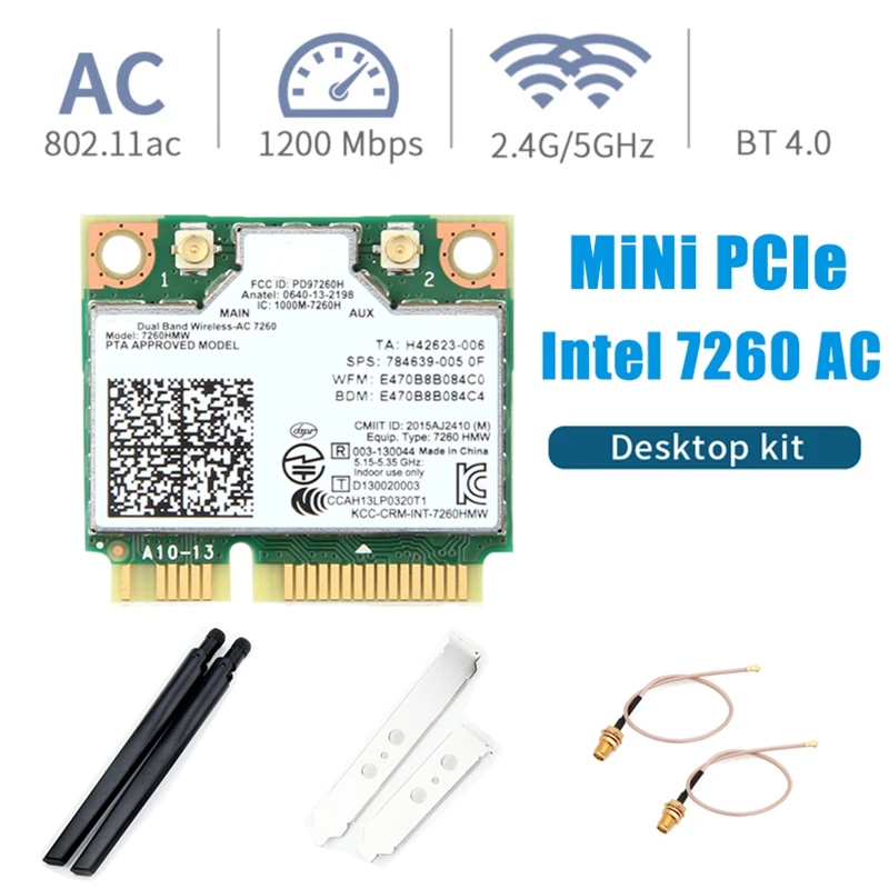 

1200Mbps Wireless AC7260 Wifi Card 7260HMW Mini PCI-E 2.4G/5Ghz Adapter 802.11Ac IPEX Antennas Wireless Network Card