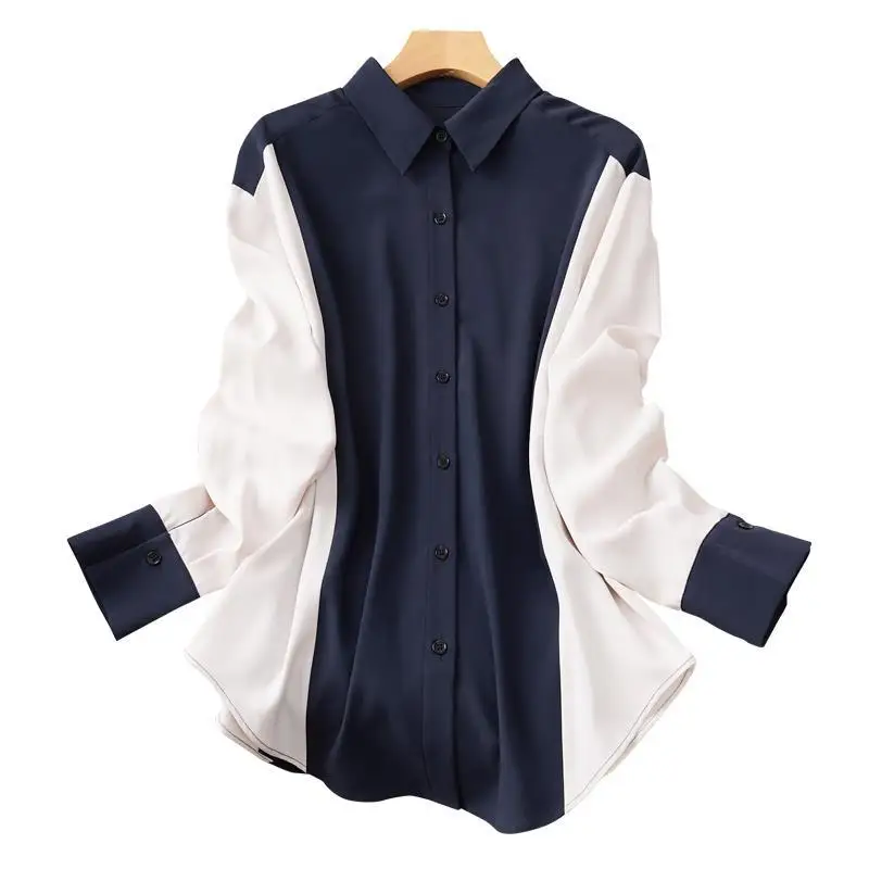

European shirt women's design sense niche 2021 spring new fashion foreign style chiffon hanging color matching shirt top