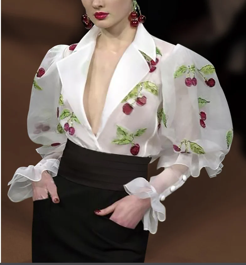 

Organza Cherry Printed Translucent Shirt Top Women 2021 Spring and Summer New Korean Style Retro Thin Lantern Sleeve Blouse