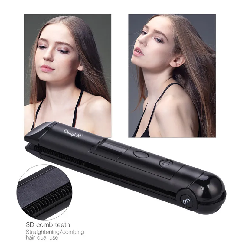 

2 In 1 Cordless Electric Hair Straightener USB Rechargeable Flat Iron LED Temperature Display Curling Iron Wand Mini Hair Curler