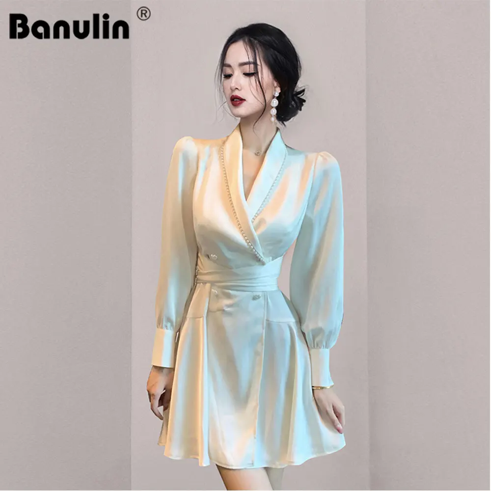 

Runway Designer Beading A Line Mini Dress 2022 Spring Women Turn-down Collar Long Lantern Sleeve Slim Party Dress Vestidos 6575