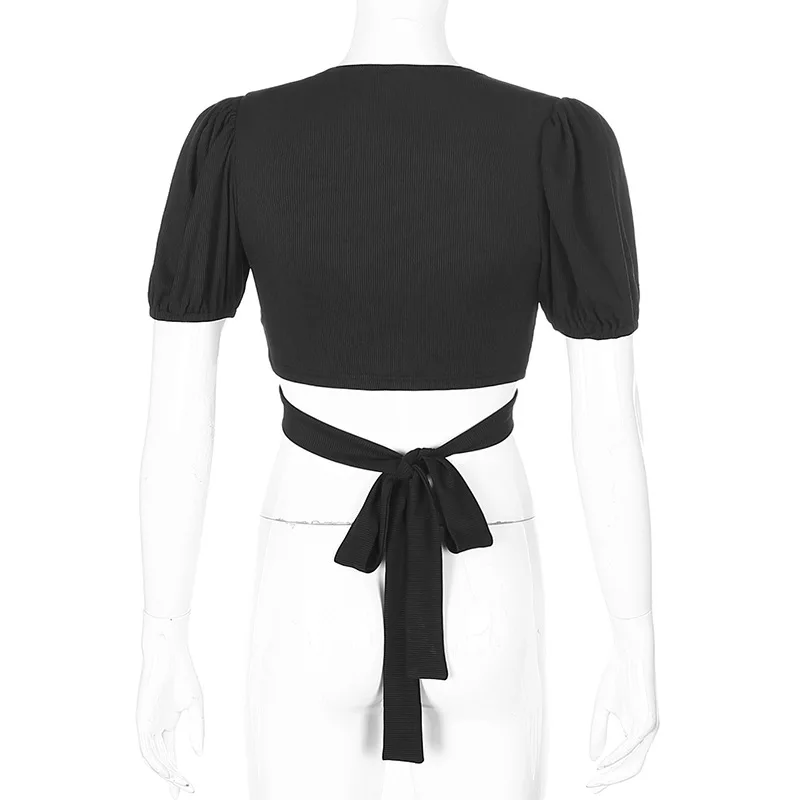 

Summer Sexy Cross strap V-neck Puff sleeve T-shirt for women