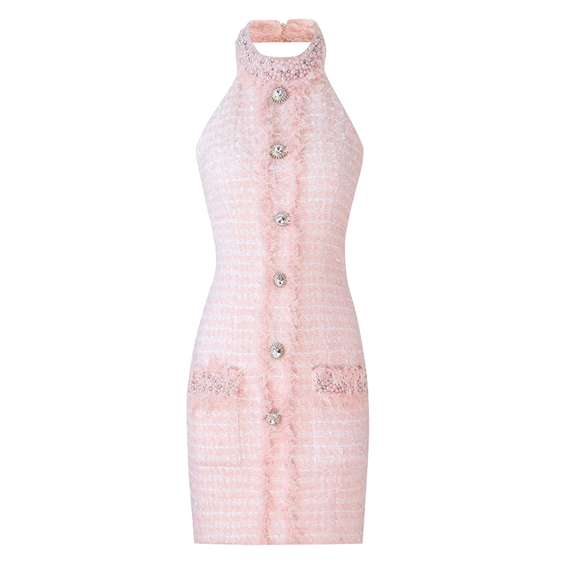 The Most Popular Nowadays 2022 Spring Brand New Neck-Mounted Backless Rhinestone Buttons Bodycon Pink Tweed Tassel Luxury Dress
