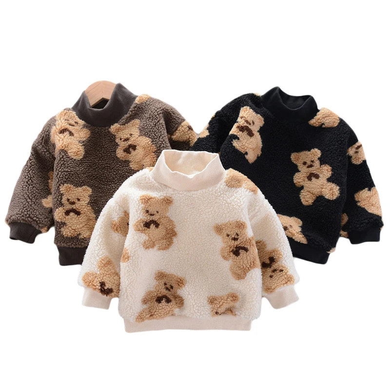 

2022 new children winter sweater Christmas girls cotton velvet plus cartoon Bear thick sweaters for boys warm sweaters 0-5Y