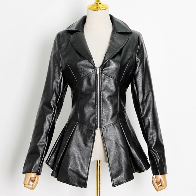 

SeeBeautiful PU Leather Stitching Ruffles Hem Jacket Coat Lapel Long Sleeve Zipper New Fashion Autumn 2022 Women M197