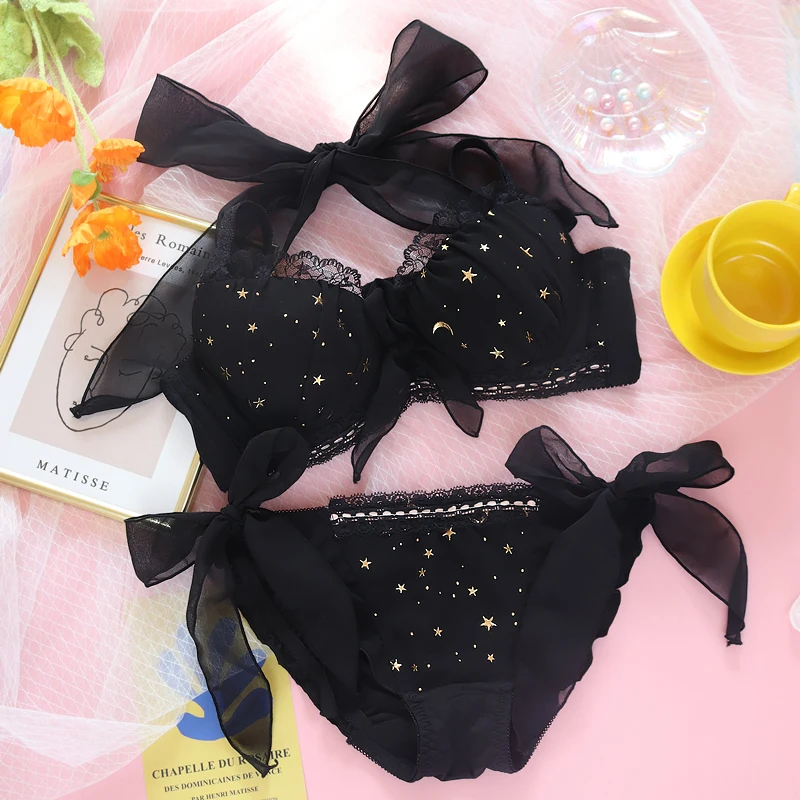 Sexy Japanese Sweet Lovely Starry Sky Lolita Push Up Underwire Bra & Panties Lingerie Set Young Girl Bandge Bow Underwear Set