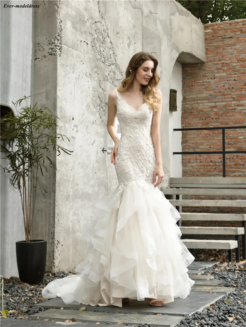 

Lace Mermaid Wedding Dresses 2020 Ruffles Backless Appliques Elegant Bridal Gowns Bride Dress Robe De Mariee Cheap