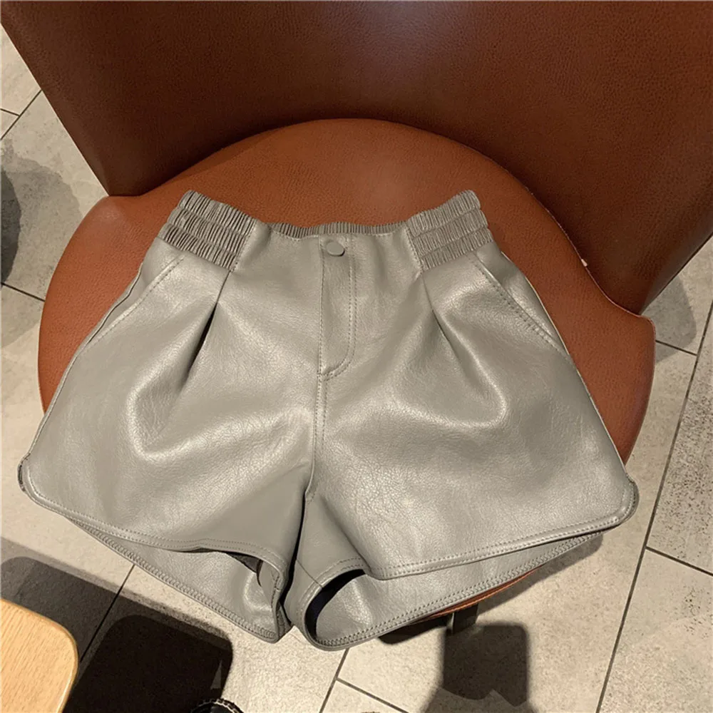 

2021 Women's Autumn New Shorts Casual Fashion Commuter Simple Style PU Fabric Solid Color High Waist Sexy Loose A-line Pants