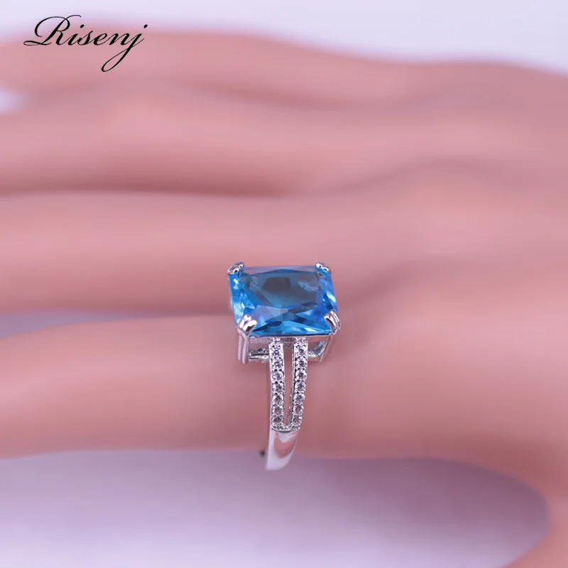 Акция в дубайском стиле Серебряный цвет квадрат Небесно-Голубой CZ &amp кольцо с