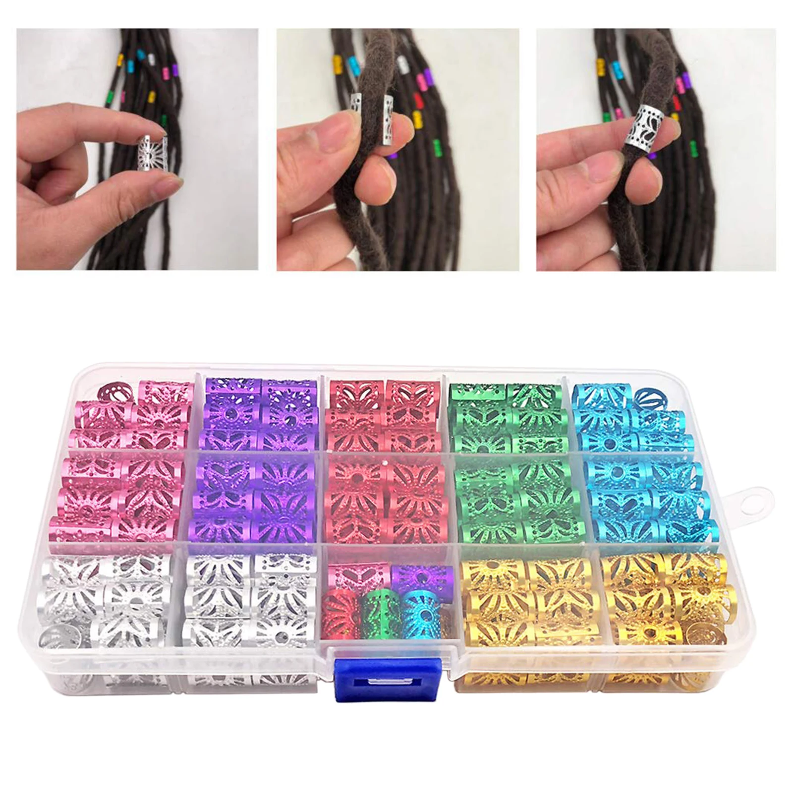 

170Pcs 7 colors Mixed Hair Braid Cuff Rings Tubes For Hair Extension Decor