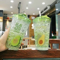 450ml creative fruit plastic cup with straw sequin double layer water bottle cartoon sippy cup outdoor leak proof car water cup