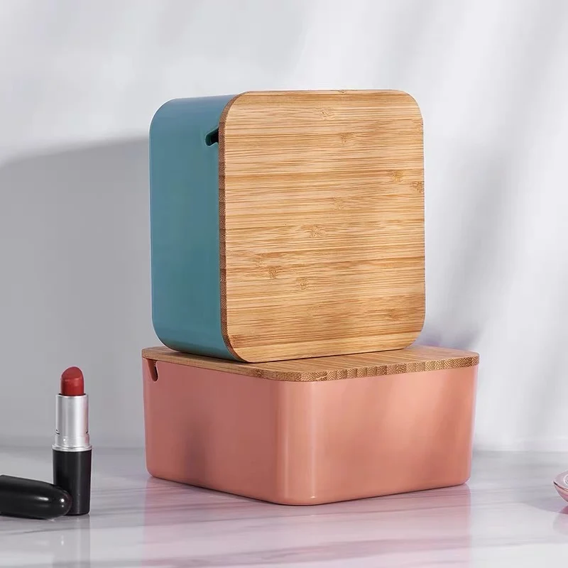 

Makeup Organizer Plastic Storage Box with Mirror Travel Jewelry Storage Case Accessories Bamboo Lid Cosmetic Drawer Container