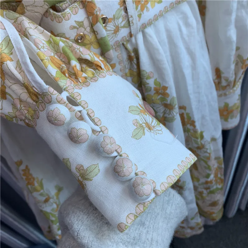 

Women Vintage Summer Dress Floral Print Stand Collar Long Lantern Sleeve Button Down High Waist Sashes Tunic Mini Dress